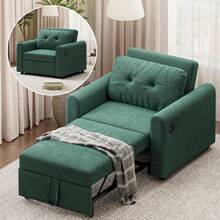 3 In 1 Convertible Single Sofa Bed With Adjustable Backrest, Pull Out Linen Single Sleeper Chair Bed With Pockets For Living Room, Micro Suede Fabric, Green - Green - Single - View 7