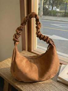 时尚百搭的抽绳褶皱包，新月形包，独特设计，天鹅绒面料，复古斜挎包