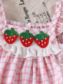 2pcs Girls Toddler Casual Strawberry Plaid Top + Blue Denim Shorts Set, Summer Vacation Outfit - Pink - View 5