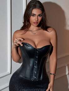 Apperloth A Áo corset croptop phong cách Gothic màu đỏ, dây buộc phía trước, chất liệu da PU, màu đen, thích hợp cho mùa xuân. - màu đen - Xem 5