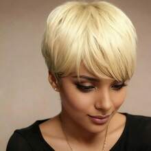 6 Inch Pixie Cut Wig Human Hair For Black Women-Short Blonde Straight Human Hair Wigs With Bangs-Non Lace Full Machine Made Rose Net Cap - S613 - View 3