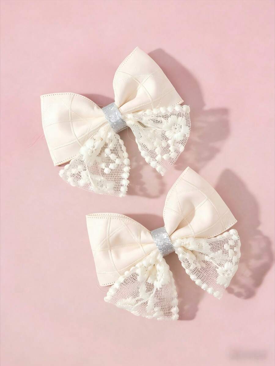 2pcs/Set Delicate Lace Contrast Color Bow Hair Clips For Teen - Multicolor - View 1