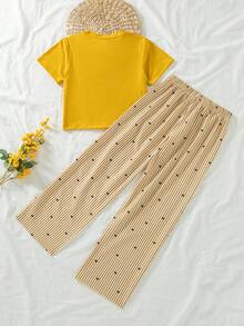 2 Stücke Mädchen Lässig Outfits: Herz Muster Figurbetontes Kurzarm Top und gestreifte Herz Dekor Hose mit Gummibund, Sommer - Gelb - Übersicht 2