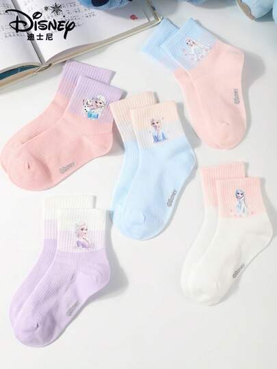 Disney 5 Pairs Princess Elsa Cartoon Pattern Breathable Socks For Kids, Suitable For Spring, Summer And Autumn, Suitable For Boys And Girls, Ideal For Daily Wear And School