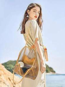 1pc Mesh Beach Tote Bag, Outdoor Activity Travel Organizer, Makeup, Cosmetic, Vacation Organizer, Large Capacity Cosmetic Organizer Makeup, Lipstick, Brush, Skincare, Phone, Coins, Small Items, Home,, Holiday And Halloween Multipurpose, Bohemian Style ,Makeup Bag V3BX - Khaki Mesh Beach Bag/1pc - View 3