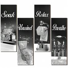 Honoson 4 Pcs Bathroom Decor Wall Art Farmhouse Bathroom Pictures Wall Decor Soak Unwind Relax Breathe Wood Hanging Sign For Home Spa Laundry(Black And Silver) - FBlackssilver - View 2