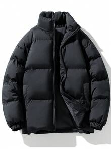 男士纯色加大码加厚长袖羽绒服，1件装，秋冬季 - 黑色 - 查看 2