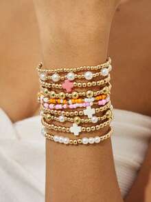 10 piezas Brazalete bohemio elegante y de moda con cuentas de perlas falsas, adecuado para que las mujeres lo usen en vacaciones y fiestas