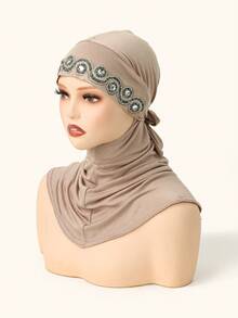 1pc Women's Solid Color Wavy Rhinestone Balaclava Hat, Made Of Modal Fabric, Hot-Fix Rhinestones, Soft & Comfortable Beanie Headscarf, Adjustable Drawstring Headwrap, Fashionable & Versatile Scarf Lining Hat, Suitable For Daily Wear