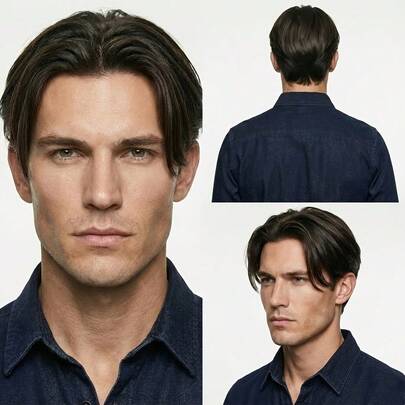 男士短款黑棕色假发，中分直发合成假发，适合角色扮演、万圣节、日常佩戴，易于造型