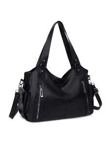 防水商务休闲PU手提包，多口袋设计，带隔层，多功能单肩斜挎包，适合年轻女孩、女大学生、白领和职场新人，完美适用于工作、商务通勤、购物、户外旅行和上学，大容量女包，新款时尚大容量女包，新款女式手提包 - 黑色 - 查看 2