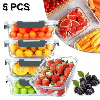 [5-Pack] Glass Meal Prep Containers With Lids,1040ml Large Capacity  Food Storage Containers With Snap Locking Lids, Airtight Lunch Containers, Microwave, Oven, Freezer And Dishwasher