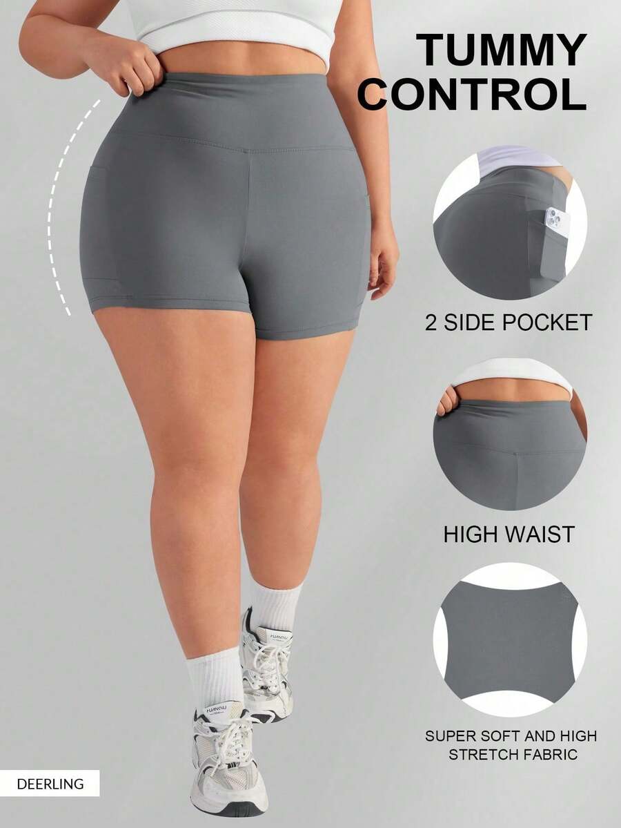 Shorts de yoga taille haute noirs pour femmes grandes tailles, contrôle du ventre, avec poches, convient pour le fitness, le cyclisme, la course et diverses occasions estivales
