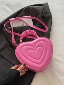 New Stylish Crease Simple Heart-Shaped Cute Solid Color Pleated Handbag, Shoulder Bag, Crossbody Bag For Shopping - Pink - View 7