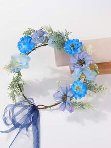 1pc New Floral Headband, Boho Flower Hair Clip, Braided Hair Band, Vintage Bohemian Travel Holiday Headpiece, Coronas, Tiara, Costume Crown, Hair Garland, Head Wreath - Blue - View 5