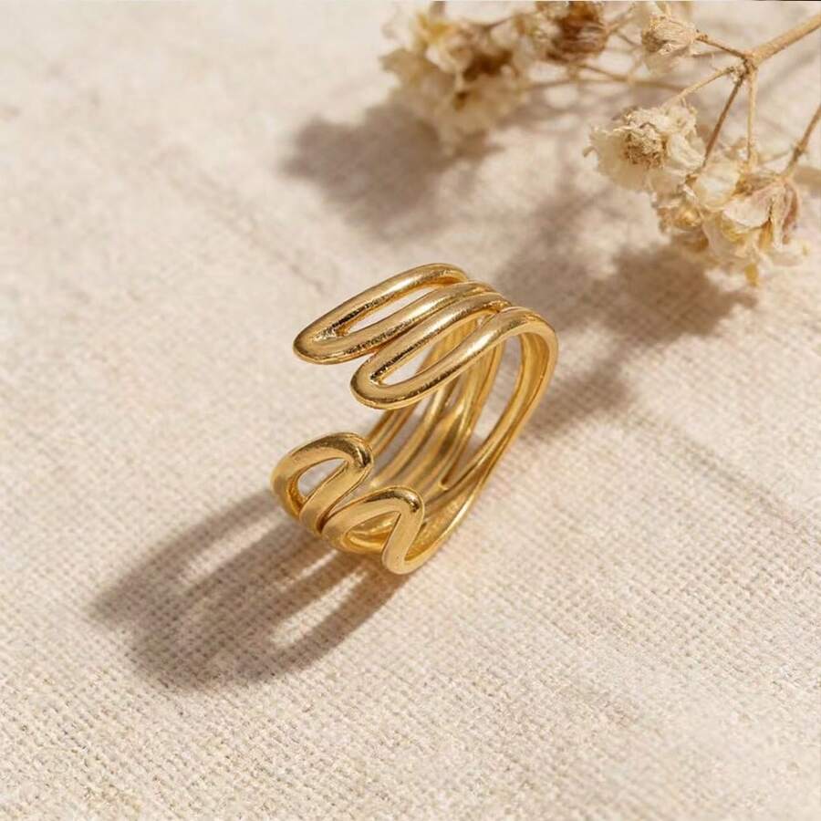 COINBUFF 1pc Elegant Line & Geometric Stainless Steel Gold-Plated Adjustable Non-Fading Ring, Suitable For Daily Wear And Holiday Gifts - As Shown - View 1