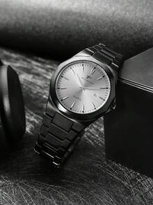 RICECGO 1pc Men's Black Wrist Watch With Stripe Markings, Business Date Quartz Watch, Gift For Party, Wedding, Beach, Valentine's Day - Black - View 8