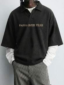 Men's Casual Slogan Print Short Sleeve Polo Shirt, Summer - Black - View 2