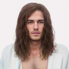 Men Wig Long Men Wig Curly Layered Hooded Flame Retardant Synthetic Wig Men Natural Wig Daily Party Costume Cosplay Wear (Brown), Carnival/ Gras/Masquerade - Rust Brown - View 2