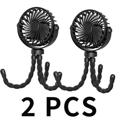 2个章鱼造型婴儿推车风扇，USB充电便携式静音风扇，迷你手持折叠旅行风扇带LED夜灯，3档风速可调，室内/室外适用，多功能桌面风扇，角度可调，适用于跑步机、高尔夫球车、旅行、露营、婴儿推车配件，可充电风扇，婴儿车