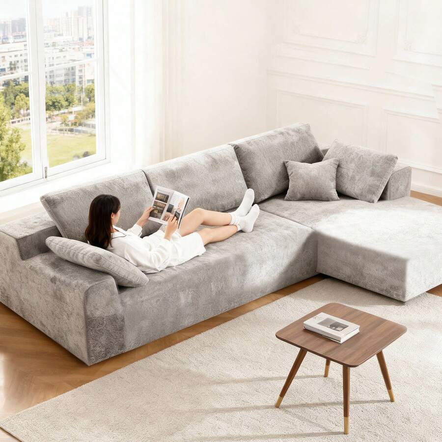 Sofá seccional Cloud de 274 cm, sofá modular sin estructura con forma de L y asiento profundo, sofá tapizado moderno y cómodo para sala de estar, no requiere montaje (Chenilla, gris) - Gris - Ver 1