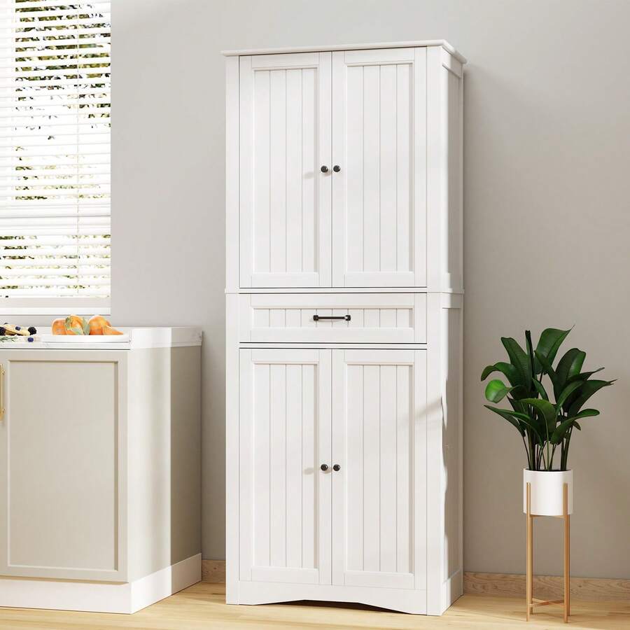 71'' Tall Kitchen Pantry Storage Cabinet, Freestanding Storage Cabinet With Large Drawers And 4 Adjustable Shelves, For Kitchen, Living Room,  Bathroom,Dining Room - 白色 - 查看 1