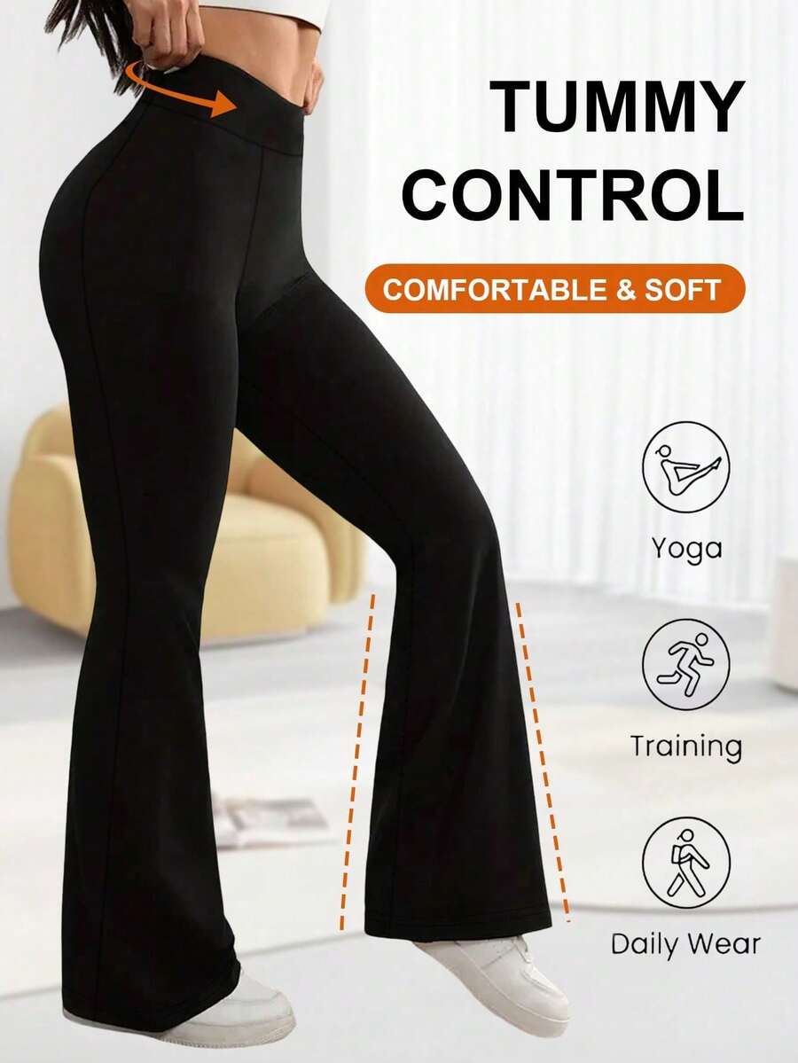 Women's Solid Color Casual Yoga Flare Pants, High Elasticity Running Fitness Quick-Dry Pants, Sports Wear High Waist  Fit Wide Leg Pants, Suitable For Gym Workout,  Elastic &Amp; Comfortable, Suitable For All Seasons Exercise, Yoga And Casual Wear - 黑色 - 查看 1
