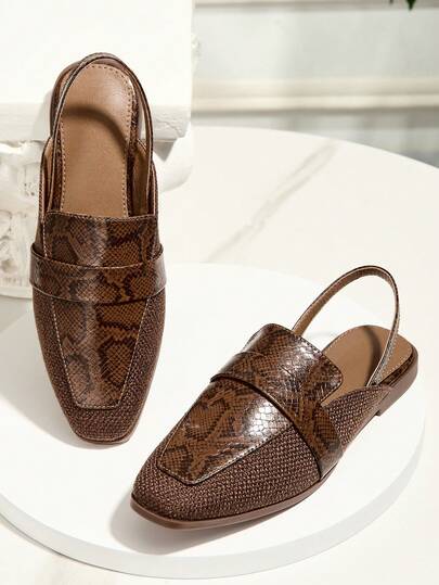 Slip-on sandaler med fyrkantig tå och rygglösa remmar för kvinnor, moderiktiga, avslappnade, minimalistiska, mångsidiga muleskor, ormskinnsmönster, urholkade damsandaler för utomhusbruk, året runt