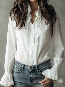 Blouse ample pour femmes de grande taille, élégante, de couleur unie, avec col à volants et manches évasées. Tenue décontractée pour le printemps et l'automne, couleur blanche - Blanc - Voir 4