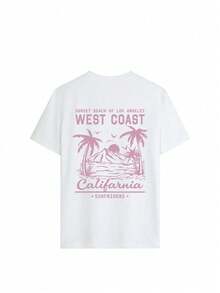 Women's Summer New Beach Pattern And Letter Print Round-Neck Short-Sleeved T-Shirt, Casual Loose Versatile Top, Fashionable Daily Wear - White - View 3