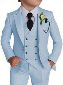 Stylish Boys 4 Piece Slim Fit One Button Formal Suit Set With Tie For Wedding Prom Party - Light Blue - View 1