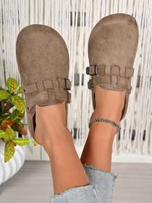 女士套脚穆勒鞋，春秋新款休闲无后跟乐福鞋，防滑平底露趾凉拖鞋 - 卡其色 - 查看 3