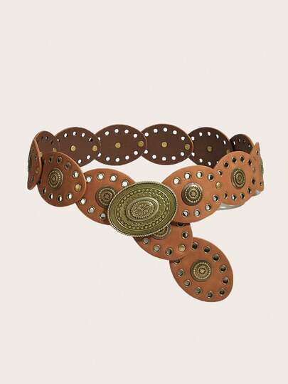 1pc Kids Rivet Decor Belt, Cowgirls, Western Belts, Y2K Girl Bohemian Casual Belt, Bronze Carved Oval Buckle Contrast Color Belt, PU Casual Jeans Belt, Versatile For Outdoor, Festivals, Commuting, Western Style And More