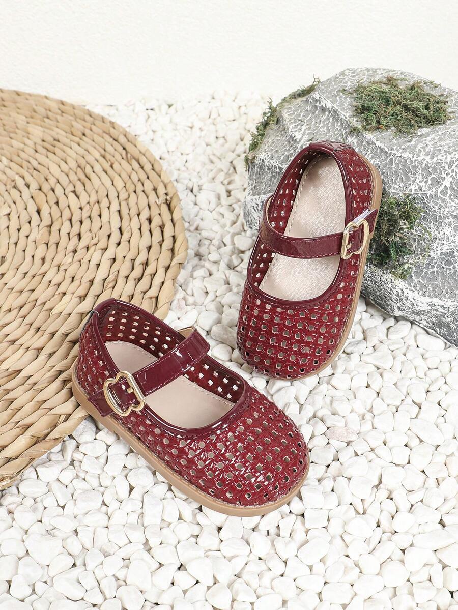1双女婴休闲平底镂空魔术贴公主鞋，适合夏季穿着 - 紅色 - 查看 1
