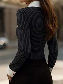 Fashionable All-Season Women's Fine Striped Long Sleeve Shirt With Collar And Front Buttons, Suitable For Office Or Casual Occasions - Black Stripes - View 3