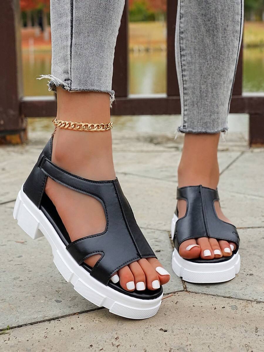 1 Pair Teens' Thick Sole Sandals, Black & White, Hollow Vamp, Hook & Loop Closure, Minimalist Versatile Women High Heel Sandals, Suitable For Daily Outing And Walking - Black - View 1