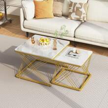 Stylish 2-Piece Coffee Table Set, Square Tables In 60*60*45cm & 45*45*40cm, High-Gloss Marble Look, Height-Adjustable Feet, Load Capacity Up To 30kg, High-Gloss Combination Coffee Table - Gold - View 1