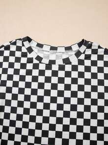 Acelitt 两件套：棕色格纹T恤搭配高腰不对称下摆半身裙，休闲舒适，适合居家休闲穿着，黑色夏季款 - 黑色 - 查看 6