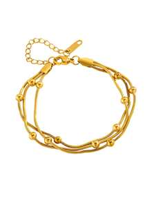 RAYQUEEN 1 pieza Pulsera de cadena de cuentas redonda minimalista de acero inoxidable de 3 capas, adecuada para uso diario - Pulsera - Ver 5