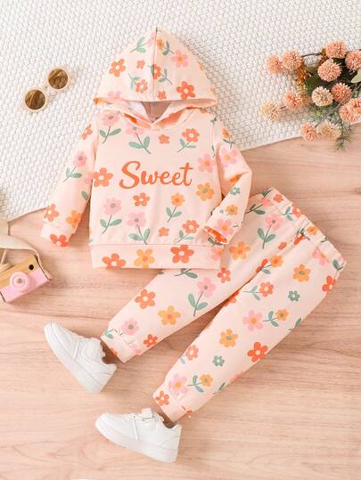 2pcs Baby Girls Floral Print Hoodie Set, Comfortable Casual Spring Outfit