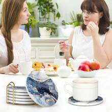 hygIron Tree Juego de 6 Portavasos para Mesa Absorbentes Posavasos de Marmol Antideslizantes de Ceramica para Bebidas con Soporte de Metal Coasters para Varios Tipos de Vasos de Agua y Copas de Vinojuh - Azul - Ver 7