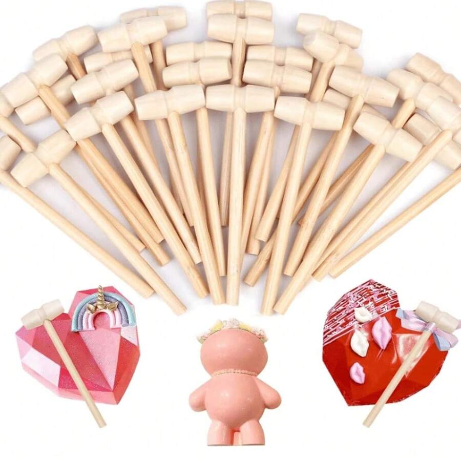 5pcs/10pcs/30pcs Mini Wooden Mallet, Multipurpose Wooden Hammer, Suitable For Chocolate, Woodcraft, Lobster Cracking, With Red Ribbon, Birthday And Wedding Party Favors, Valentine's Day Gift, Craft And Party Game Props, Chocolate Melter, Birthday Party Favor, Wooden Paddle, Small Wooden Mallet - Yellow - View 1