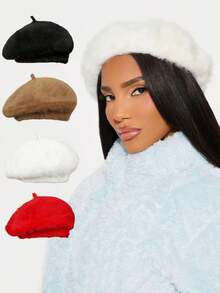 1 pieza Boina cálida para mujer, Gorro de invierno de felpa gruesa, Gorra de estilo periodista versátil y de moda para uso diario - Multicolor - Ver 1