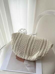 Women's Knitted Handbag, Colorful Patchwork Large Capacity Classic Retro Coin Purse, Suitable For Holiday Travel - Beige - View 3