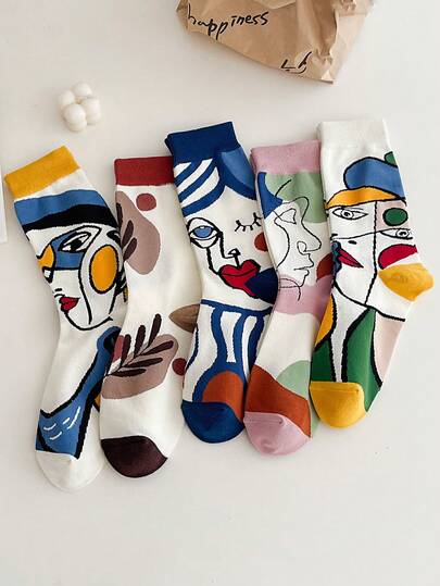6/4/2/1 双装女士彩色绘画图案中筒袜，时尚优雅，精梳棉材质，适合春秋季穿着
