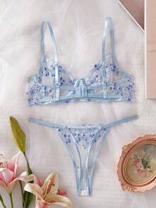 Blowup Lingerie Sexy Floral Embroidered Sheer Mesh Bra Set, Delicate Women's Bra Set - 淺藍色 - 查看 2