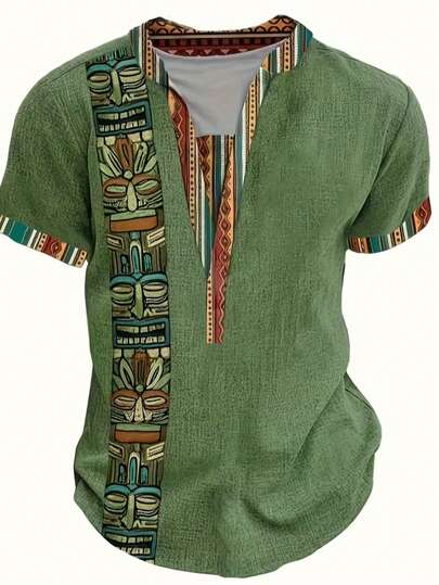 男士夏季军绿色复古印花V领T恤 - 彩色条纹几何图案，透气常规版型，休闲度假装，可机洗易护理，日常休闲穿着