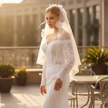 1 Stück handgefertigter doppellagiger romantischer kurzer rosa Blumen- & Kunstperlen Braut-Haarschmuck, elegantes Hochzeits-Schleier-Accessoire mit Haarkamm - Verschiedenfarbig - Übersicht 2