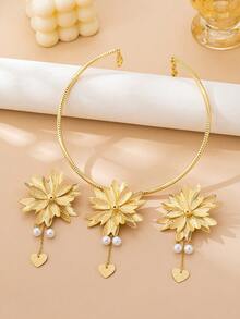 Fashionable Exaggerated Geometric 3D Heart & Sunflower Pendant Tassel Necklace & Earrings Jewelry Set, Party Gift For Women - Gold - View 3