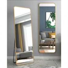 60 x 15 Pulgadas Espejo de CambiadorEspejo de Piso Cuerpo Completo Espejo de Piso Grande Con Soporte Colgante o Apoyado Contra La Pared para Guardarropa Dormitorio Vestidor Oficina Comedor - Dorado - Ver 6